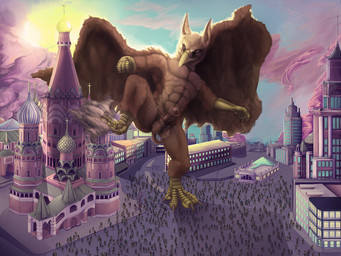 abs anthro balls beak biceps brown_body brown_fur building church city claws crowd destruction detailed_background erection extreme_size_difference feathered_wings feathers feet fingers fur genitals group house humanoid_genitalia humanoid_penis kick macro male moscow muscular muscular_anthro muscular_male nude outside pecs penile penis rampage size_difference sky smile solo stomping tail toe_claws toes wings ohohflamethrower mythology carpo avian gryphon mythological_avian mythological_creature 4:3