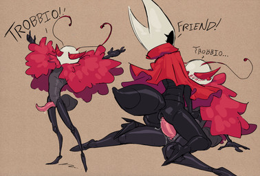 alternate_form antennae_(anatomy) anthro arthropod_abdomen black_body blush bodily_fluids bottomless clothed clothing dialogue erection female genital_fluids genitals male male/female nude penetration penis sex simple_background slim slim_anthro slim_male straddling tapering_penis text vaginal vaginal_fluids vaginal_penetration vonepitaph hollow_knight:_silksong hollow_knight_(franchise) team_cherry hornet_(hollow_knight) trobbio_(hollow_knight:_silksong) arthropod english_text hi_res