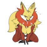 1:1 anthro areola black_areola black_body black_fur black_nipples bodily_fluids breasts breath canid canine colored delphox drooling fangs female fluffy fluffy_tail fur generation_6_pokemon hi_res kneeling looking_at_viewer mammal multicolored_body multicolored_fur naughty_face nintendo nipples open_mouth open_smile plagueofgripes pokemon pokemon_(species) red_body red_eyes red_fur saliva simple_background smile solo sweat tail teeth third-party_edit tongue tongue_out white_background yellow_body yellow_fur