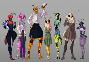 antennae_(anatomy) anthro arthropod_abdomen black_body black_eyes bottomwear clothed clothing compound_eyes dress exoskeleton fashion female fur green_body grey_background group lineup mandibles multi_eye multiple_character pink_body red_body red_fur simple_background skirt sportswear white_body white_fur yellow_body sun_bug ant_girl_(sun_bug) bee_girl_(sun_bug) hornet_girl_(sun_bug) moth_girl_(sun_bug) scolopendra_girl_(sun_bug) velvet_ant_(sun_bug) wasp_girl_(sun_bug) ant arthropod bee hornet hymenopteran insect lepidopteran moth scolopendra velvet_ant vespid wasp absurd_res hi_res
