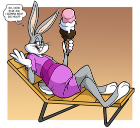 anthro beach_chair belly bottomwear buckteeth clothing cotton_tail crossed_legs dessert dialogue food fur geometric_background gloves grey_body grey_fur half-closed_eyes handwear holding_food holding_ice_cream_cone holding_object ice_cream_cone long_ears looking_at_another male narrowed_eyes paws purple_bottomwear purple_clothing purple_shirt purple_shorts purple_topwear shirt shorts simple_background slightly_chubby solo speech_bubble teeth toony topwear whiskers white_body white_fur fattlestacks looney_tunes warner_brothers bugs_bunny lagomorph leporid mammal rabbit 2026 absurd_res hi_res