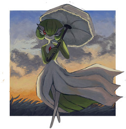 ambiguous_gender chest_spike clothing cloud dress eyelashes flowing_clothing green_body green_hair hair holding_object holding_umbrella one_eye_closed outside pseudo_clothing pseudo_hair red_eyes smile solo spikes spikes_(anatomy) sunset umbrella white_body dietranch nintendo pokemon gardevoir generation_3_pokemon humanoid pokemon_(species) 2026 digital_media_(artwork) digital_painting_(artwork) hi_res painting_(artwork)