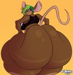 anthro big_butt bottomless brown_body buckteeth butt clothed clothing ear_piercing female green_hair hair huge_butt hyper hyper_butt looking_at_viewer looking_back looking_back_at_viewer piercing solo teeth thick_thighs dedoarts mammal mouse murid murine rodent