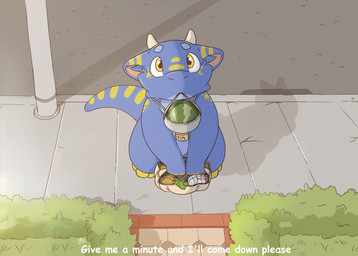 blue_body day detailed_background food fruit high-angle_view horn light melon mouth_hold outside plant shadow shrub sidewalk solo stripes tail text watermelon yellow_eyes yellow_stripes louart european_mythology mythology dragon mythological_creature mythological_scalie scaled_dragon scalie western_dragon 2022 absurd_res dated english_text hi_res lighting shaded signature