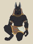 anthro black_body black_fur black_nipples black_nose bottomwear claws clothing egyptian egyptian_clothing egyptian_headdress finger_claws fur jewelry loincloth looking_at_viewer male muscular muscular_anthro muscular_male nipples pecs pointy_ears simple_background solo wristband yellow_eyes wolvesmaw egyptian_mythology middle_eastern_mythology mythology anubis anubian_jackal canid canine canis deity egyptian_god jackal mammal hi_res