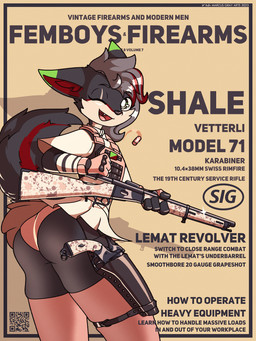 anthro bulletproof_vest clothed clothing femboy gun hair handgun holding_object holding_ranged_weapon holding_weapon holster legwear looking_at_viewer male pistol qr_code ranged_weapon reloading revolver rifle simple_background smile solo tail text thigh_highs topwear trigger_discipline weapon marcus_gray femboys_and_firearms shale_alabaster canid canine canis mammal wolf 3:4 cover digital_media_(artwork) english_text hi_res magazine_cover