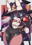 anthro black_sclera blue_eyes border breasts cleavage cleavage_cutout clothed clothing cutout dress dwarfism female fur hair hat headgear headwear holding_lantern holding_object holding_staff holidays kemono lamp lantern long_hair open_mouth outside purple_hair red_body red_fur ribbons short_stack slit_dress solo staff thick_thighs twilight white_body white_border white_fur witch_hat tsukai_rabi halloween canid canine fox mammal hi_res