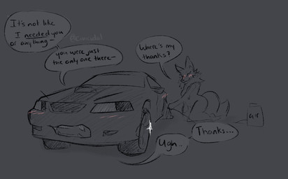 ambiguous_gender anthro blush blush_lines car dialogue duo embarrassed female flat_tire fur gas machine open_mouth repair repairing repairing_car simple_background smile sparkles speech_bubble text vehicle civicidal ford ford_mustang ford_mustang_gt canid canine dire_car dire_machine dire_vehicle fox living_car living_machine living_vehicle mammal digital_media_(artwork) english_text hi_res