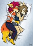 anthro bandage bed brown_body brown_fur brown_hair cuddling duo female fur furniture hair hug male one_eye_closed orange_body orange_fur pillow purple_hair tan_body tan_fur yellow_body yellow_fur ziegelzeig bad_guy_cafe aliya_sari_(readerno31142) fire_(firefox) canid canine corsac_fox fox mammal true_fox 2023