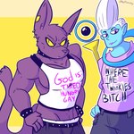 anthro blue_body blue_skin clothed clothing duo fur hair hairless humor looking_at_viewer male midriff purple_body purple_eyes purple_fur shirt simple_background tank_top text topwear white_hair yellow_sclera fizzyjay dragon_ball dragon_ball_super beerus whis angel_(dragon_ball) deity domestic_cat felid feline felis hairless_cat humanoid mammal sphynx_(cat) 1:1 digital_media_(artwork) english_text hi_res