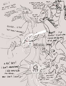 bodily_fluids cum cum_in_mouth cum_inside cum_on_face dialogue female feral genital_fluids group hazing male male/female questionable_consent sound_effects text creativeclaws mythology fan_character myra_(the_real_pyrite) dragon mythological_creature mythological_scalie scalie absurd_res english_text hi_res