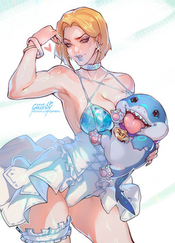 blonde_hair blue_body blue_eyes bracelet breasts carrying_another choker clothing collar collarbone duo eyebrows eyelashes female feral glistening glistening_body glistening_breasts glistening_skin hair heart_symbol jewelry legband male necklace open_mouth sharp_teeth short_hair teeth thighband cormgreenu marvel marvel_rivals x-men emma_frost jeff_the_land_shark aquatic fish human land_shark_(species) mammal shark 2025 absurd_res hi_res