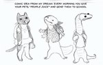 3_arms ambiguous_gender anthro backpack clothed clothing digitigrade fur group holding_object lineup multi_arm multi_limb multicolored_body multicolored_fur partially_clothed text trio abby_howard amphibian axolotl domestic_cat felid feline felis mammal marine mole_salamander reptile salamander scalie english_text monochrome sketch