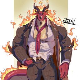 accessory anthro arm_spikes belt black_bottomwear black_clothing black_jacket black_pants black_sclera black_topwear bottomwear claws clothing facial_horn fire flaming_hair flaming_mane flaming_tail hand_in_pocket horn jacket looking_at_viewer male multicolored_body multicolored_scales muscular muscular_anthro muscular_male necktie pants pecs pockets pseudo_hair pseudo_mane red_body red_necktie red_scales scales shirt solo spikes spikes_(anatomy) suit tail tan_body tan_scales topwear two_tone_body two_tone_scales unbuttoned_shirt white_clothing white_shirt white_topwear yellow_eyes jocial mythology dragon mythological_creature mythological_scalie scalie 2025 digital_media_(artwork) hi_res
