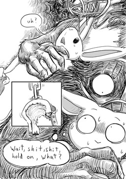 anthro blush bodily_fluids breasts broken_restraints buckteeth chain condom cuff_(restraint) dialogue drooling duo female genitals hand_on_breast hand_on_penis lying lying_on_another male muzzle_(object) muzzled on_back panicking penis restraints role_reversal saliva scar scared sexual_barrier_device sweat teeth text dragonweirdo beastars haru_(beastars) legoshi_(beastars) canid canine canis lagomorph leporid mammal rabbit wolf absurd_res black_and_white comic english_text hatching_(art) hi_res line_art monochrome shaded