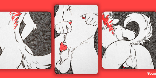 5_fingers abstract_background animal_genitalia animal_penis anthro anus arm_tuft back_tuft ball_tuft biped canine_genitalia canine_penis chest_tuft claws faceless_anthro faceless_character faceless_male finger_claws fingers fluffy fluffy_tail fur genitals lipsticking male pawpads penis penis_tip perineum presenting presenting_anus presenting_balls red_body red_fur red_pawpads red_penis sheath shoulder_tuft solo tail tuft yookie canid canine mammal 2019 absurd_res dated hi_res multiple_images partially_colored signature