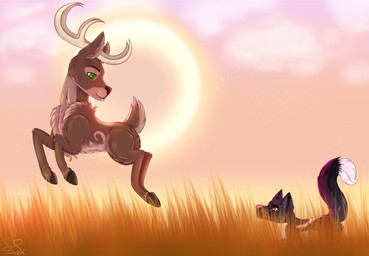 antlers black_body black_fur blep brown_body brown_fur cloud duo eye_contact feral fur green_eyes hooves horn hunting jumping landscape looking_at_another orange_eyes outside plant playful sky sun tongue tongue_out whiskers sillyfoxart canid canine deer fox mammal 2019 absurd_res hi_res watermark
