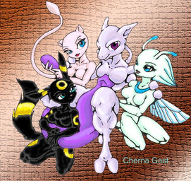 4_fingers antennae_(anatomy) anthro barefoot biped black_body black_fur blue_eyes breasts cherma_gast digitigrade eyelashes feet female fingers fur group harem humanoid_on_anthro insect_wings kneeling legendary_duo looking_at_viewer looking_up male male/female mew_duo nude open_mouth pink_body pink_nose pink_tongue purple_eyes tail tongue wings yellow_body yellow_fur cherna_gast nintendo pokemon canid canine celebi eeveelution felid generation_1_pokemon generation_2_pokemon humanoid legendary_pokemon mammal mew_(pokemon) mewtwo pokemon_(species) umbreon