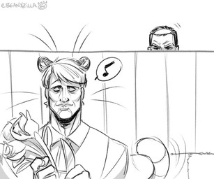 alternate_species clothed clothing duo flower hair human_and_animal_ears humanoidized male multi_ear plant speech_bubble tail whiskers zillabean hannibal_(series) francis_dolarhyde hannibal_lecter animal_humanoid felid felid_humanoid human humanoid mammal mammal_humanoid pantherine pantherine_humanoid tiger_humanoid 6:5 digital_media_(artwork) monochrome sketch