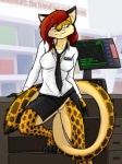 anthro barefoot biped bottomwear cashier chest_tuft clothed clothing feet female genitals hair nipple_outline no_underwear office_lady pencil_skirt pose pussy skimpy skirt solo standing tuft unprofessional_behavior upskirt holtz daemon_longtail cheetah felid feline mammal 3:4