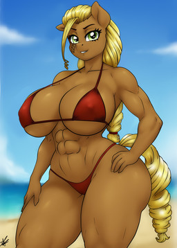 abs anthro beach big_breasts bikini biped blonde_hair blurred_background breasts brown_body clothed clothing eyelashes female green_eyes hair hand_on_hip outside pupils red_clothing smile solo swimwear thick_thighs two-piece_swimsuit wide_hips saulazuli hasbro my_little_pony fan_character equid equine mammal absurd_res hi_res