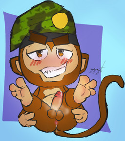 anthro beret blush bodily_fluids butt clothing cum cum_from_ass cum_in_ass cum_inside dripping feet foot_fetish foot_focus genital_fluids grin hat headgear headwear humanoid_feet male plantigrade presenting presenting_hindquarters smile gaygoat bloons_tower_defense ninja_kiwi sniper_monkey_(bloons) haplorhine mammal monkey primate hi_res