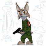 anthro barefoot biped brown_eyes canada canadian_flag cheek_tuft clothed clothing ear_tuft facial_tuft feet gun handgun holding_gun holding_object holding_ranged_weapon holding_weapon male maple_leaf military_uniform pistol ranged_weapon red_cross solo standing text tuft uniform weapon fanartiguess felid feline lynx mammal 1:1 2016 absurd_res hi_res signature url