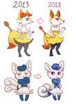 2018 2_tails anthro biped black_legs blue_body blue_fur blush blush_lines braixen closed_smile cutlery digital_media_(artwork) duo eyebrows eyelashes female flavia-elric fluffy fluffy_tail fur generation_6_pokemon hi_res inner_ear_fluff kitchen_utensils meowstic mouth_closed multi_tail nintendo number orange_eyes pawpads paws pink_eyes pokemon pokemon_(species) pupils purple_sclera simple_background smile spoon standing tail tools tuft white_background white_body white_fur white_sclera yellow_pupils