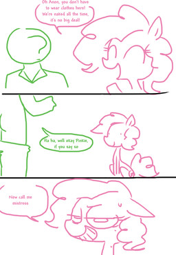 bodily_fluids butt clothing dialogue female imminent_rape imminent_sex innuendo male smile sweat text undressing the_weaver friendship_is_magic hasbro my_little_pony anon pinkie_pie_(mlp) earth_pony equid equine horse human mammal pony 2013 comic english_text monochrome