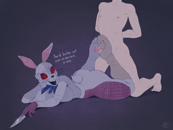 anthro big_breasts big_butt black_eyes black_nose blue_bow breasts buckteeth butt dialogue duo eyelashes feet female foot_fetish foot_play footjob fur genitals grey_background grey_body grey_fur holding_knife holding_object kneeling knife lying male male/female nude on_front open_mouth paws penis red_sclera seam_(sewing) sex simple_background soles stitch_(sewing) tan_body tan_skin teeth text thick_thighs toes whiskers wide_hips darkriallet five_nights_at_freddy's scottgames vanny_(fnaf) human lagomorph leporid mammal rabbit 2023 4:3 digital_media_(artwork) english_text hi_res
