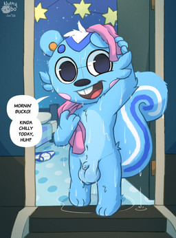 answering_door balls big_balls blue_body blue_fur blush bodily_fluids door fur furniture genital_fluids genitals humanoid_genitalia humanoid_penis inside looking_at_viewer male nude open_mouth penis small_penis smile speech_bubble tail text towel wet wet_body wet_fur nutty_bo animal_crossing nintendo filbert_(animal_crossing) mammal rodent sciurid tree_squirrel hi_res