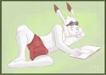 anthro bodily_fluids book boxer_briefs bulge clothed clothing erection erection_under_clothing genital_fluids lying male navel nipples on_side plantigrade precum precum_through_clothing reading reading_book solo underwear wet wet_clothing tenderule34 summer_wars king_kazma lagomorph leporid mammal rabbit