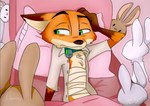 anthro bandage brown_body brown_fur chest_tuft clothed clothing collar dipstick_ears ear_markings fur green_eyes grey_body grey_fur group multicolored_ears orange_body orange_fur shock_collar solo_focus tuft white_body white_fur bubblecop disney zootopia nick_wilde canid canine fox mammal red_fox true_fox 2021 hi_res