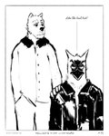 beak black_clothing black_coat black_topwear border bottomwear button_(fastener) clothed clothing coat collar dialogue duo frown hand_in_pocket looking_down male neck_tuft open_clothing open_coat open_topwear pants pockets simple_background sitting speech_bubble standing topwear tuft whisker_spots white_background white_clothing white_coat white_topwear sharkinthepark maccaw_(sharkinthepark) macleish_(sharkinthepark) avian bird canid canine canis domestic_dog mammal owl 2025 absurd_res black_and_white comic hi_res monochrome