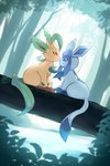 ambiguous_gender blue_body duo eye_contact feral forest fur looking_at_another outside paws plant quadruped tree water yellow_body rumine nintendo pokemon eeveelution generation_4_pokemon glaceon leafeon pokemon_(species) hi_res