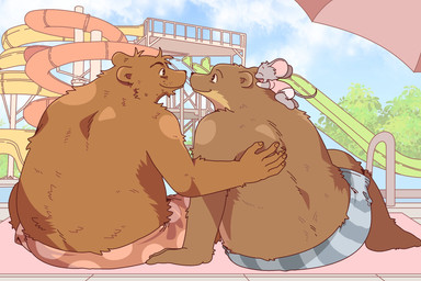 5_fingers amusement_park anthro biped bottomwear brown_body brown_fur clothing detailed_background fingers fur group hug kemono male male/male outside overweight overweight_male shorts sitting swimwear water_park ham_won_art ernest_and_celestine bolero_(ernest_and_celestine) ernest_(ernest_and_celestine) bear mammal mouse murid murine rodent 2025 hi_res