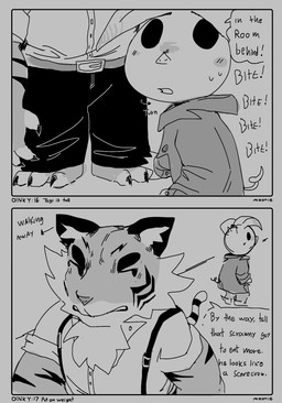 anthro bodily_fluids claws clothing coat dialogue duo female male suspenders sweat sweatdrop text toe_claws topwear turning_head lilmoonie oinky_(lilmoonie) togi_(lilmoonie) domestic_pig felid mammal pantherine suid suine sus_(pig) tiger 2025 black_and_grey comic english_text hi_res monochrome