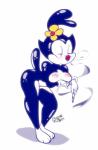 anthro big_breasts blush breasts female flower leaning nude plant raised_tail simple_background solo tail creamydonuts animaniacs warner_brothers dot_warner inkblot mammal absurd_res hi_res