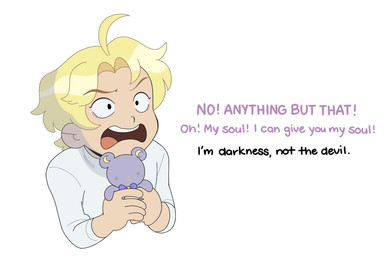 ahoge blonde_hair clothing dialogue exclamation_point eyebrows hair human_only male not_furry open_mouth plushie shirt short_hair simple_background solo teddy_bear teeth text topwear white_background kianamai pretty_pretty_please_i_don't_want_to_be_a_magical_girl eclipse_(idwtbamg) human mammal digital_media_(artwork)