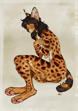 anthro arm_tuft black_hair elbow_tuft eyes_closed female fur hair inner_ear_fluff markings pawpads paws side_view simple_background solo spots striped_markings striped_tail stripes tail tail_markings tan_body tan_fur textured_background tuft whisker_spots whiskers ama_dench_art kestrel_(sylvertears) felid feline mammal serval 2026 absurd_res digital_media_(artwork) hi_res signature