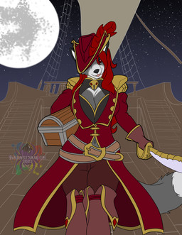 anthro cutlass female full_moon melee_weapon moon navel night pirate ship sky solo star starry_sky sword treasure_chest vehicle watercraft weapon anansi_dragon vermillion_winterborn canid canine canis mammal vampire wolf absurd_res hi_res watermark