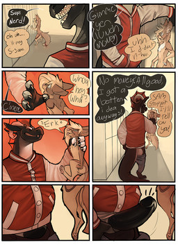 4_toes anthro anthro_on_anthro bovid_horn brown_body brown_fur bully bullying caprine_horn casual_nudity cheek_tuft chest_tuft clothed clothing dialogue digitigrade duo erection eyewear facial_tuft feet fluffy fluffy_tail forced fur genitals glasses grin horn humanoid_genitalia humanoid_penis imminent_rape imminent_sex inner_ear_fluff intimidation jacket letterman_jacket locker locker_room male male/male pawpads paws penis pink_nose ram_horn smile tail text toes topwear tuft sammy73 mythology sammy_(sammy73) canid canine dragon mammal mythological_creature mythological_scalie reptile scalie comic english_text