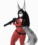 anthro clothing female fur grey_body grey_fur gun hair kriss_vector long_hair long_tail military military_uniform purple_eyes ranged_weapon solo submachine_gun tactical tail uniform weapon pequod_vl felid feline lynx mammal hi_res