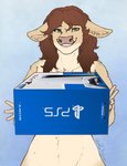 box brown_hair clothed clothing container female green_eyes hair holding_object holding_package looking_at_viewer nude package packaged_console playstation_logo simple_background smile solo teeth topless blokfort playstation playstation_5 sony_corporation sony_interactive_entertainment bovid bovine cattle mammal 2020 hi_res