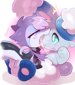 ambiguous_gender black_body blue_body blue_fur duo feral fur hair imminent_vore open_mouth pawpads pink_hair pink_pawpads pink_tongue purple_eyes purple_hair purple_scarf scarf teal_sclera tongue white_body white_fur white_wool wool_(fur) tianhua nintendo pokemon ah_xin_(zhang_gun) xiaohen_(zhang_gun) buneary generation_4_pokemon generation_5_pokemon lagomorph mammal pokemon_(species) snivy 2026 hi_res