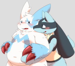 anthro belly_grab blue_body blue_fur blush claws duo eye_contact fur grey_background hug hugging_another hugging_from_behind looking_at_another male male/male multicolored_body multicolored_fur navel nipples nude open_mouth overweight simple_background smile standing white_body white_fur yellow_body yellow_fur silicon_chub nintendo pokemon canid canine generation_3_pokemon generation_4_pokemon lucario mammal pokemon_(species) shiny_pokemon zangoose 2015 digital_drawing_(artwork) digital_media_(artwork)