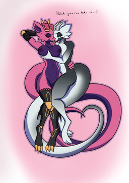 anthro big_breasts breast_grab breasts cuddling duo female female/female flirting flirting_with_viewer hand_behind_head hand_on_breast looking_at_viewer navel nipples non-mammal_breasts non-mammal_navel non-mammal_nipples prosthetic prosthetic_limb romantic romantic_couple thick_thighs skales ali_vesper_(skales) kiz_emberscale_(dat_otter) kobold scalie absurd_res hi_res