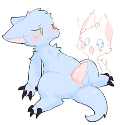animal_genitalia arm_support backward_arm_support black_claws blue_body blue_eyes blue_fur blush cheek_tuft chest_tuft claws duo embarrassed erection exclamation_point facial_tuft feral forward_arm_support fur genital_slit genitals glistening glistening_eyes leaning leaning_backward looking_at_another looking_at_genitalia looking_at_penis male open_mouth penis penis_awe pink_penis rabbit_ears scut_tail short_tail simple_background tail tapering_penis tuft white_background white_body white_fur yellow_eyes kirichiiii mythology dragon furred_dragon furred_scalie lagomorph leporid mammal mythological_creature mythological_scalie rabbit scalie