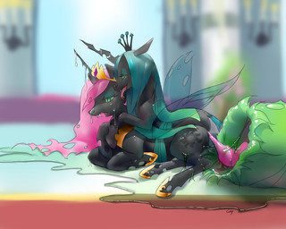 alternate_species corruption duo female female/female feral green_eyes green_hair hair insect_wings nude pink_hair princess quadruped royalty tail tongue wings cabyowl friendship_is_magic hasbro my_little_pony princess_celestia_(mlp) queen_chrysalis_(mlp) arthropod changeling_(mlp) 5:4