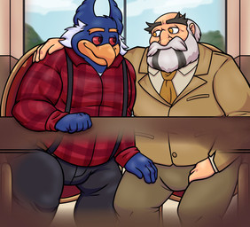 age_difference anthro arm_over_shoulder chair clothing duo eye_contact flannel_shirt furniture hand_on_desk hand_on_leg looking_at_another male male/male older_male on_chair overweight overweight_male simple_background sitting sitting_on_chair smile suit suspenders x-ray_view joalmidon denis_damocles_(miraculous_ladybug) pen-pen_(rawk-hawpper) avian bird crested_penguin human mammal penguin rockhopper_penguin hi_res
